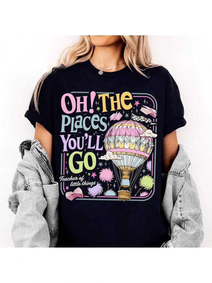 Una camiseta de mujer de manga corta, holgada, moderna, a la moda, retro y elegante, adecuada para actividades al aire libre en primavera y verano, 1 pieza, 180 gramos.Camiseta cómoda para lectura de adultos "Oh, the Place You'll Go", camiseta temática "Small Things Teacher", camiseta temática del Mes de Lectura Americano.blusas para mujer,blusas casuales para dama,tops,, mujer premium,y2k,playeras de mujer curvy,ofertas y liquidaciones ropa mujer,playeras deportivas para mujer,,playeras de hombre, mujer,blusas>elegante W3SL - Negro - Ver 1