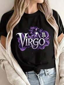 VivaGlam - Camiseta de manga corta para mujer - Camiseta blanca con diseño estampado de Virgo, cuello redondo informal, tela elástica, suave y transpirable, top de moda para todas las estaciones, ropa, camiseta con estampado llamativo, camiseta de ajuste cómodo, regalo para Pascua y el Día de la Madre, ropa urbana adecuada como regalo. playera de mujer. blusas>elegantes. boho chic,Top de mujer suave, transpirable y cómodo, ideal para primavera, verano y otoño, perfecto para vacaciones, viajes y uso diario. - Negro - Ver 1
