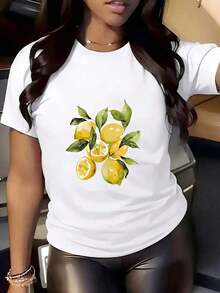 Camiseta de Cuello Redondo para Mujer con Estampado de Limón, Ropa Casual de Verano para Uso Diario y Vacaciones, 220g, Adecuada como Regalo. playera de mujer. blusas>elegantes. boho chic,Top de mujer suave, transpirable y cómodo, ideal para primavera, verano y otoño, perfecto para vacaciones, viajes y uso diario. - Blanco - Ver 6