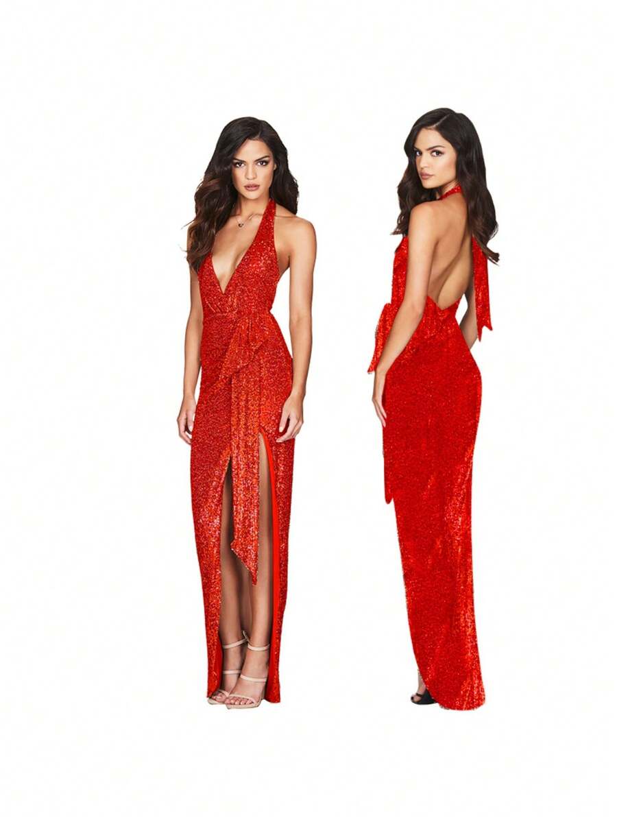 Emerald Green Sequined Women's Dress, Deep V-Neck Halter Neckline, High Side Slit, Elegant Maxi Design Ideal For Evening Parties, Graduations And Formal Winter Events, Glamorous Style Perfect For Celebrations And Elegant Dinners - 紅色 - 查看 1
