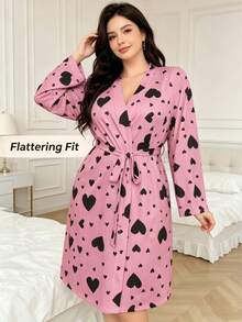 Women's Plus Size Long Sleeve Pink Heart Pattern Bathrobe With Belt, Ribbed Texture Loose Fit Morning Robe, Mid-Length Suitable For Summer, Spring And Autumn, For Bathroom, Gym, Hotel, Beach Vacation, Daily Essentials, Home And Travel, Holiday Gift - Multicolor - View 1