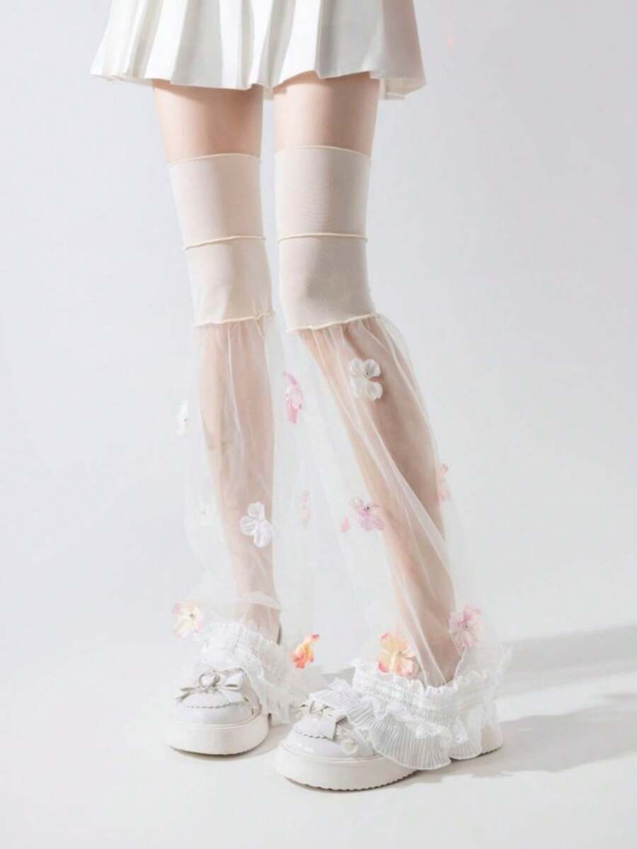 1 par de puños con volantes de encaje floral en rosa/negro/azul/blanco, estilo dulce para primavera/verano - Multicolor - Ver 1