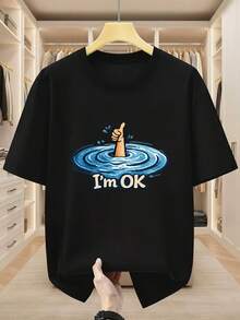 Men's Plus Size Crew Neck T-Shirt, 100% Cotton, With "I'm OK" Print And Thumb Pad Design, Comfortable Casual Short Sleeve Summer T-Shirt, PLUS SIZE - 黑色 - 查看 1