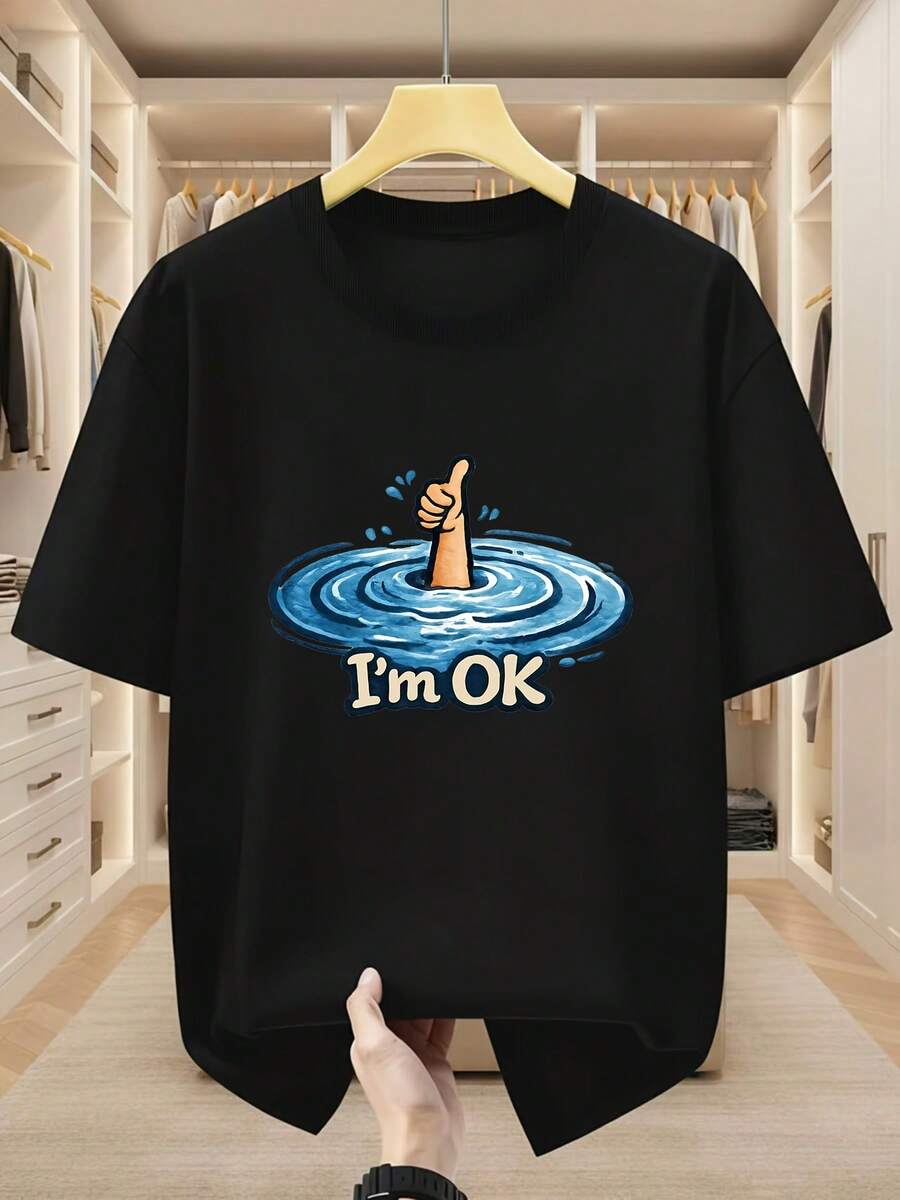Men's Plus Size Crew Neck T-Shirt, 100% Cotton, With "I'm OK" Print And Thumb Pad Design, Comfortable Casual Short Sleeve Summer T-Shirt, PLUS SIZE - 黑色 - 查看 1