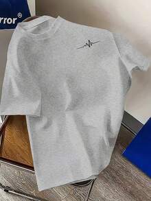 Camiseta de Talla para Hombre% Simple y Elegante, Camiseta de Manga Corta con Estampado de ECG en la Línea del Pecho, Camiseta Casual Cómoda para el Verano - Gris - Ver 1