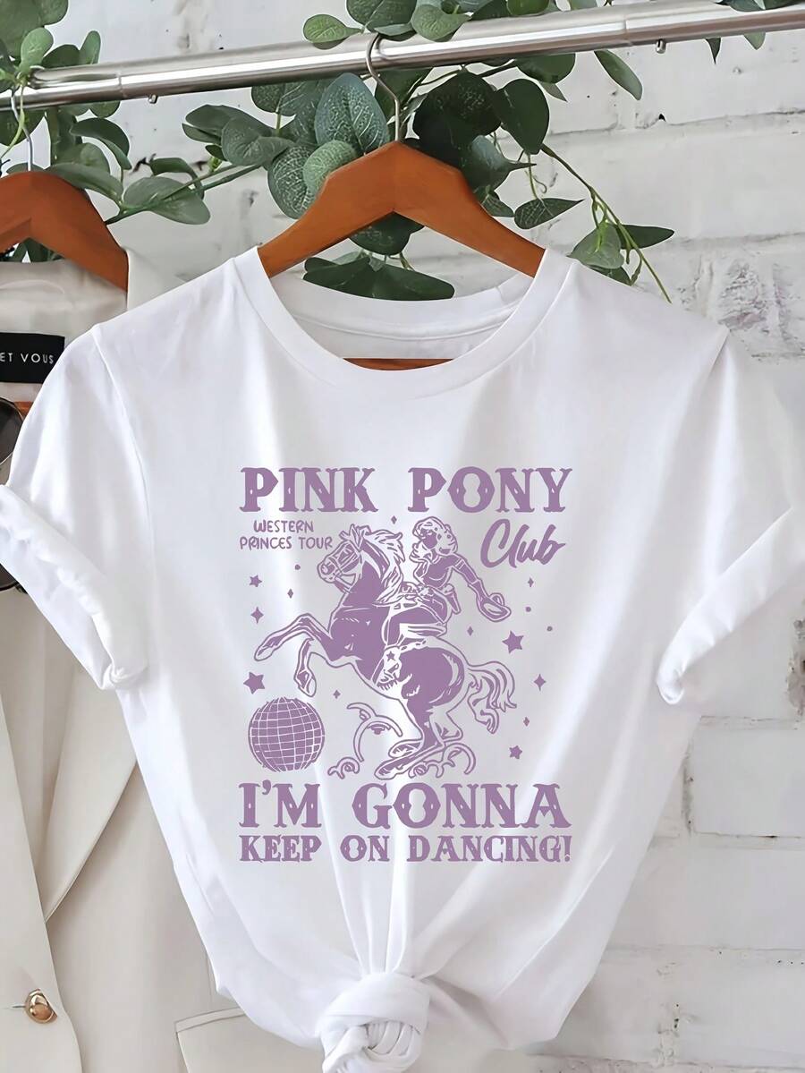 Women's Vintage 80s T-Shirt With Neon Pink Pony Print - "I'll Keep Dancing" - Short Sleeve, Crew Neck, Casual Style, Featuring Disco Ball And Pony Prints, Machine Washable, Suitable For Summer And Spring Parties, Themed Events, And Everyday Wear. The Vibrant Vintage Purple Design Is Combined With Pink Pony And Disco Ball Graphics, A Comfortable Crew Neck, Lightweight And Fashionable Fabric, And Breathable Material. - 白色 - 查看 1