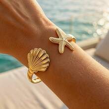 1 pieza Brazalete ajustable de metal con estrella de mar y concha de estilo vintage y marítimo, accesorio versátil para uso diario - Dorado - View 1