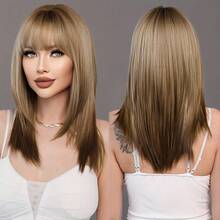 Women's Costume Cosplay Long Gradient Golden Wig With Bangs, High-Density Synthetic Layered Straight Hair, Heat-Resistant Fiber 20inch - Màu chuyển từ nâu sang đen - 20,47 inch - Xem 2