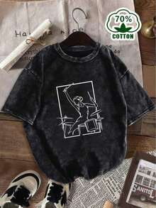 1 Piece Of Women's Vintage Graphic Print T-Shirt With Acid Wash Effect, 70s Style, Relaxed Fit, Worn Look, Ideal For Everyday Wear, Perfect For Casual Outfits KDG6180g 100% Cotton. - 黑色 - 查看 1