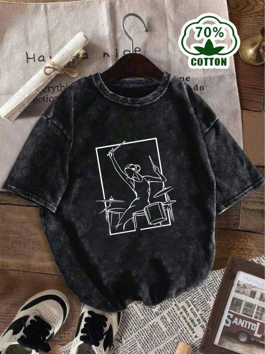 1 Piece Of Women's Vintage Graphic Print T-Shirt With Acid Wash Effect, 70s Style, Relaxed Fit, Worn Look, Ideal For Everyday Wear, Perfect For Casual Outfits KDG6180g 100% Cotton. - 黑色 - 查看 1