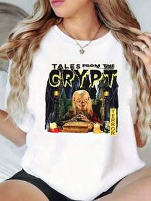 1 Piece Tales From The Crypt Horror Women's T-Shirt, 100% Cotton With Vintage Digital Graphic Print, Casual Loose Fit, 180g 100% Cotton, Designs Are Fully Printed. Unisex. 180g 100% Cotton - 白色 - 查看 12