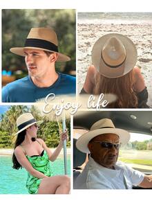 1 chiếc mũ Fedora bằng rơm, mũ Panama vành rộng thoáng khí với ruy băng đen, mũ đi biển gấp gọn chống tia UV, kiểu dáng thường ngày mùa hè cho cả nam và nữ. - nhiều màu - Xem 4