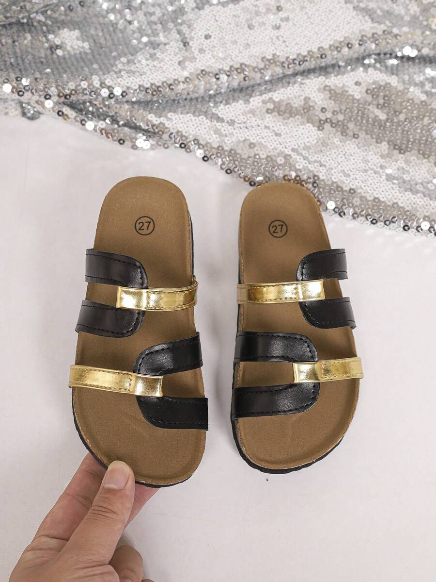 儿童撞色软木底拖鞋,夏季白金条纹凉拖,男女通用防滑耐穿户外沙滩休闲度假鞋 - 黑色 - 查看 1