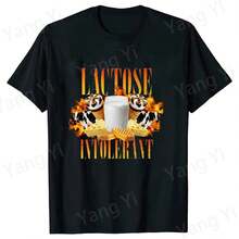 New Letter Print T-Shirts For Lactose Intolerant People, Unisex Summer T-Shirt, Casual Short Sleeve T-Shirts With Delicate Print For Men And Women - 黑色 - 查看 1