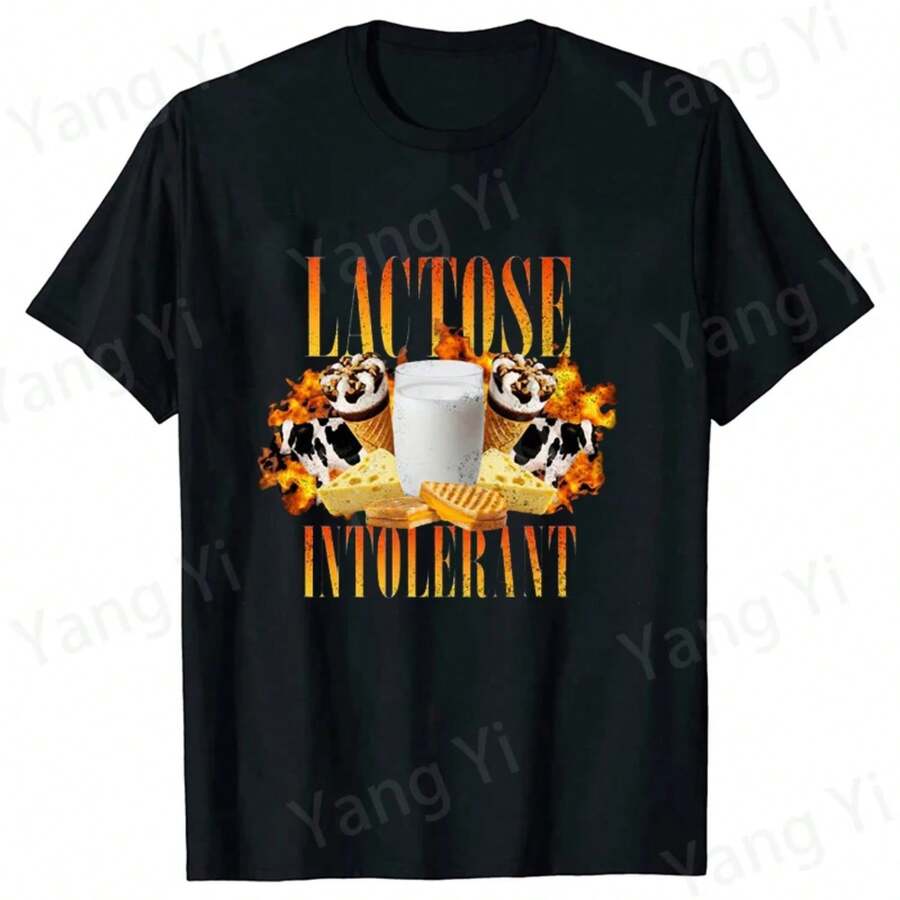 New Letter Print T-Shirts For Lactose Intolerant People, Unisex Summer T-Shirt, Casual Short Sleeve T-Shirts With Delicate Print For Men And Women - 黑色 - 查看 1