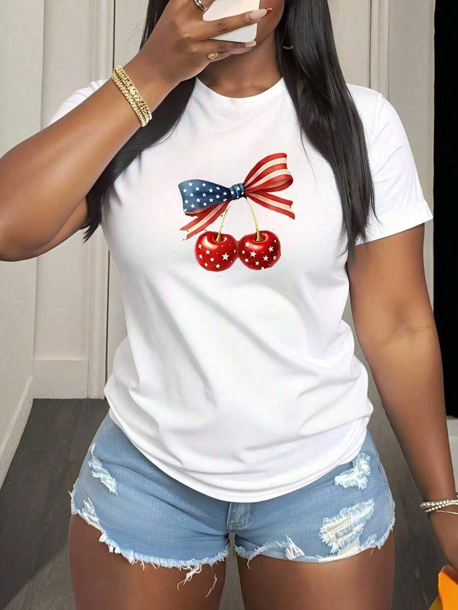 Women's Patriotic Graphic T-Shirt With American Flag, Crew Neck, For Casual Everyday Wear And Independence Day - Machine Washable Women's T-Shirts, American Flag Accessories For Everyday Use - 白色 - 查看 1