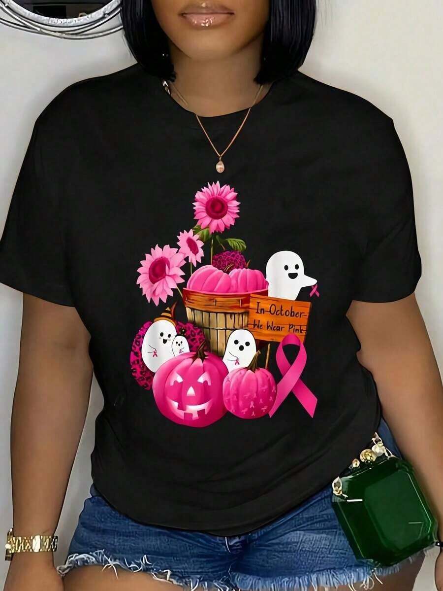 100% Cotton. In October, We Use Pink Ghosts And Pumpkins For Breast Cancer Awareness. This Soft, Comfortable, Breathable, Classic, Plus-Size T-Shirt For Men And Women Features A Crew Neck, A Printed Design, Short Sleeves, And A Casual, Everyday Fit. It Makes A Great Gift For Friends And Family. The 100% Cotton Design Is Youthful And Modern. Casual Blouses For Women. - 黑色 - 查看 1