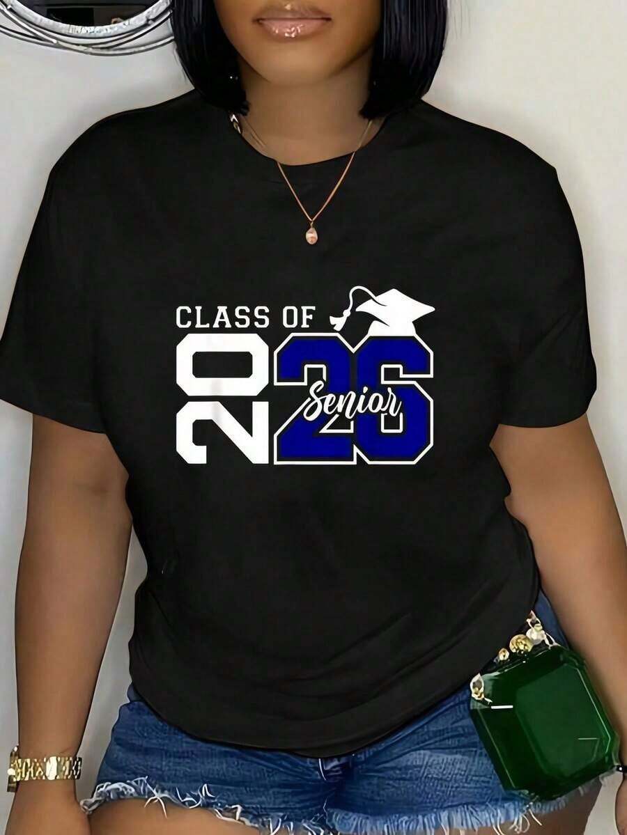 100% Cotton T-Shirt For Graduates 2026, Class Of 2026, For High School And College Men And Women, Soft And Breathable T-Shirt For Men And Women, Classic Style, Summer Fashion, Crew Neck, Printed, Short Sleeve, Casual For Daily Wear, They Are Excellent Gifts For Friends And Family, 100% Cotton T-Shirts, Youthful And Fashionable Design, Casual Blouses For Women. - 黑色 - 查看 1