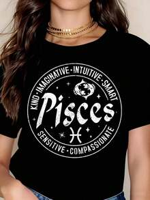 Women's Cotton T-Shirts With The Pisces Zodiac Sign, Women's T-Shirt, Kind, Imaginative, Intuitive, Intelligent, Sensitive, Compassionate, With Astrology Graphic, Casual Top, Summer Outfit, Gift For Birthday Or Holidays, Basic Blouses For Women. - 黑色 - 查看 2