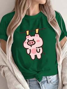 Under The Radar Women's Casual Short Sleeve T-Shirt With Pig And Clothesline Print - Soft Polyester Crew Neck T-Shirt, Pink, Machine Washable, Comfortable For All Seasons, 100% Cotton Ladies' T-Shirts. Unisex Loose Fit Short Sleeve Crew Neck Cotton T-Shirt, Urban Vintage Style - 綠色 - 查看 7