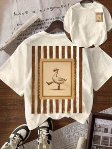 New Short-Sleeved T-Shirt With A Round Neck And A Fun Western Cowboy Goose Print, 180g Cotton, 1 Piece, For Women. Summer T-Shirt, Spring Clothing, Women's Summer Graphic T-Shirts - Suitable For Both Men And Women, Can Be Worn Alone In Summer, For Layering In Spring And Autumn. - 淺杏色 - 查看 7