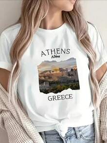 T-Shirt With A Cityscape Print Of Athens, Greece, Ideal For Casual Wear, Lightweight And Durable, Perfect For Travel, Vacations Or Everyday Outfits, Available In Sizes Ideal For Women's Fashion And A Comfortable Fit - 白色 - 查看 1