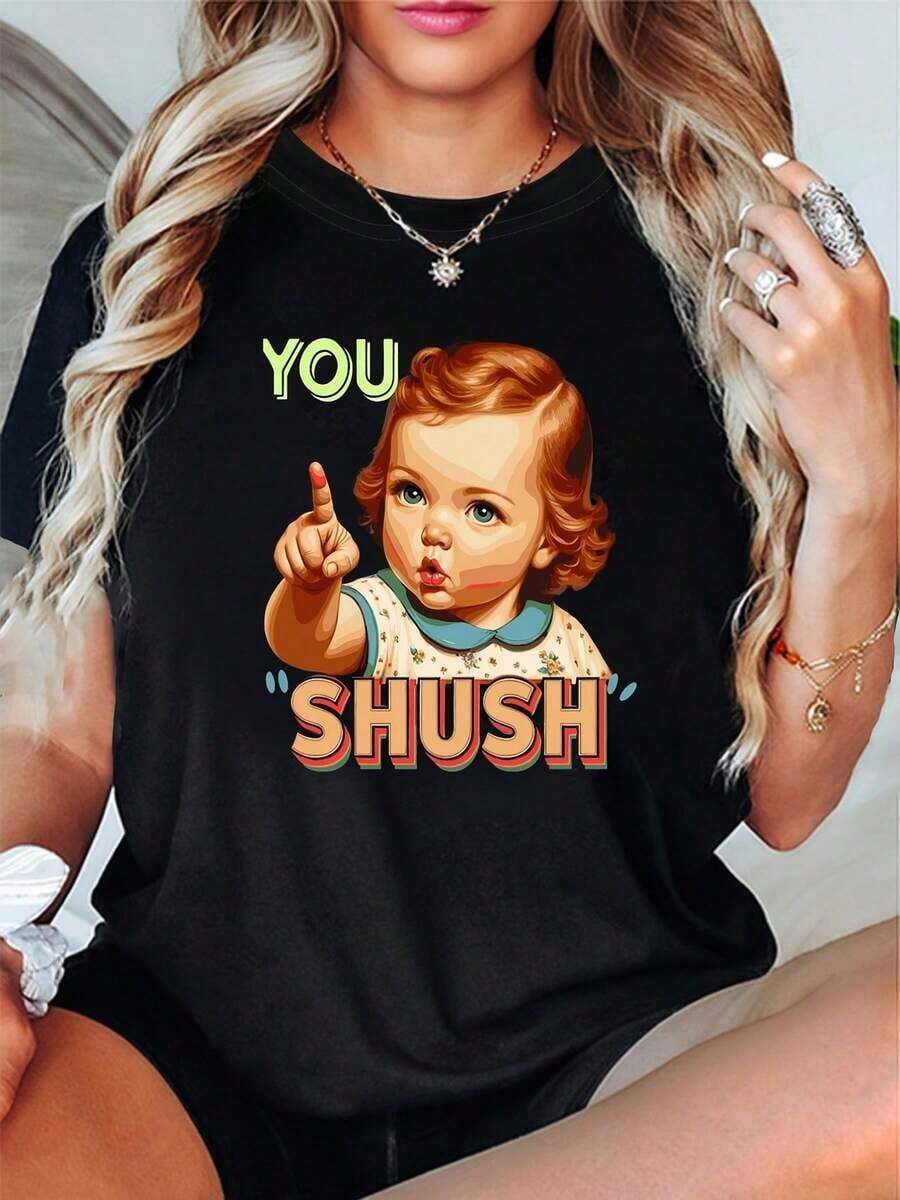 Men's T-Shirt Fun And Playful Style, The Women's "YOU SHUSH" Graphic Print Crew Neck Short-Sleeve T-Shirt Is Perfect For Casual Outings, Holiday Gifts, Get-Togethers With Friends, Music Parties And Holiday Wear. - 黑色 - 查看 1