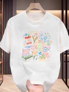 Camiseta Unisex de Manga Corta Oversize - Transpirable, con Cuello Redondo y Estampado Gráfico de Estrellas y Flores, Adecuada para el Trabajo Diario, Fiestas, Uso Casual, Lavable a Máquina, Corte Holgado - Blanco - Ver 1