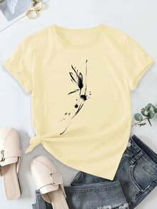 100% Cotton Short-Sleeved T-Shirt With Soft Feather Print, A Must-Have Item For Everyday Summer Wear, Perfect For Beach And Seaside Holidays, The Fabric Is Comfortable, Elegant Blouses For Ladies. - 杏色 - 查看 3