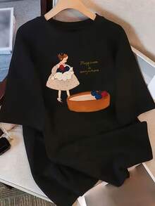 Women's Cotton T-Shirts, Round Neck, Casual, New Summer Collection, Pure Cotton, Unique Design, Printed, Short Sleeve, Loose Fit, Women's Clothing, Simple T-Shirt For Everyday Wear - 黑色 - 查看 7