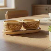 4件/3件套花卉雕刻木质果酱/蘸酱碗碟套装，必备餐具 - 杏色 - 查看 5