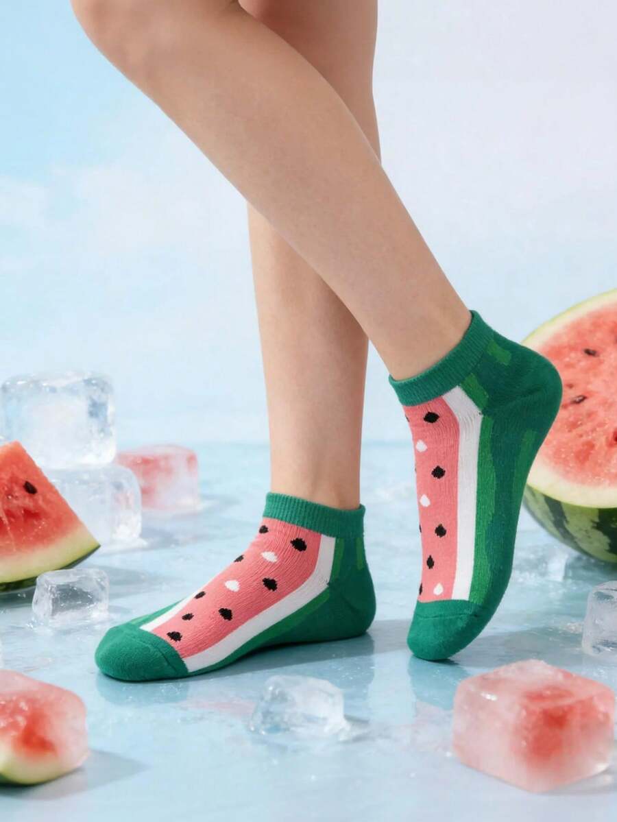 1 đôi tất nữ, tất ngắn mỏng họa tiết dưa hấu mùa hè, dễ thương và đa năng. - Nhiều màu - Xem 1