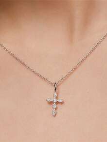 ConiiW 925 Sterling Silver Moissanite Cross Necklace, A Unique, Fashionable, Versatile High-Quality Unisex Cross Pendant Necklace/Choker. Suitable For Daily Wear, Dating, Work, Beach Vacation, Parties, And Makes A Perfect Gift For Mother's Day, Father's Day, Christmas, Thanksgiving, Halloween, Valentine's Day, Back To School, Weddings, Birthdays, Anniversaries, New Year Parties, Etc. - Silver - View 5