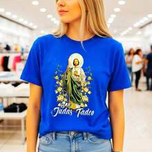 Women's Cotton T-Shirt "Tadeo" With Religious Print, Short Sleeve, Round Neck, Loose Fit, Various Sizes, Ideal For Everyday Wear And Faith-Inspired Style, Soft And Breathable Fabric, ColorSoft - 藍色 - 查看 7