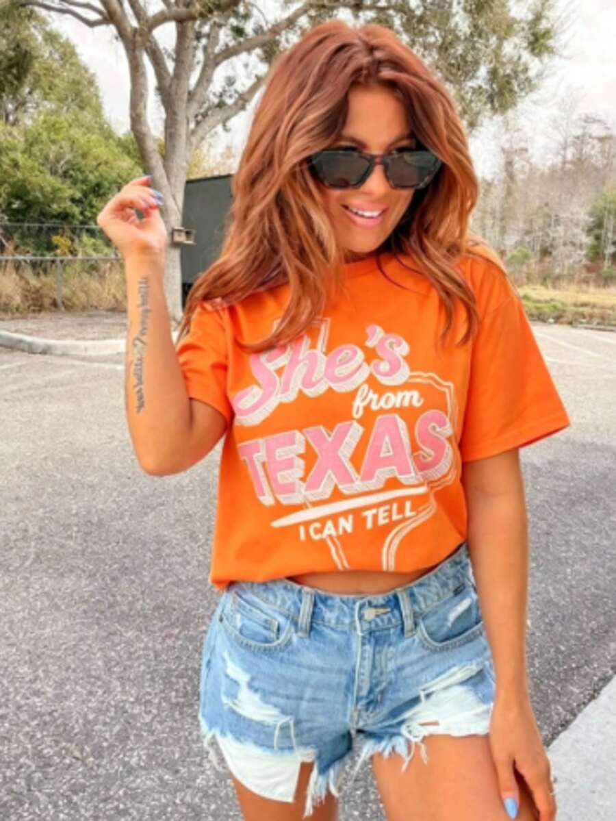 She's From Texas Graphic Top-Loose-Fit Easy Relaxed Style, - Orange - View 1