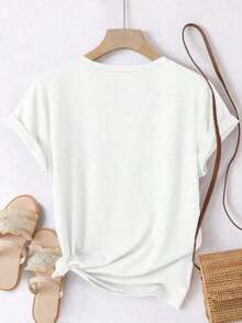 PremiumCasual[HER] New Spring, Summer, And Autumn Fashion Wo, Casual, Cute Kitten Print Pattern, Round Neck Short-Sleeve Design, Elegant Wo's-Shirt Suitable Home, Outdoor, Travel, Can Be Worn In All Seasons,-Shirt, Wo's Fashionable Casual Clothing,1pcBasic Crew Neck Cotton T-Shirt For WoGift Idea - 白色 - 查看 3