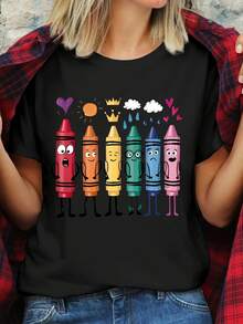 Women's Short Sleeve T-Shirt With Cute Crayons And Smiling Pencils Print - Soft, Breathable, Loose Fit, Crew Neck, Casual Top, Gray With Multicolor Crayons And Pencils Design (S-XXL) - Teacher Outfit, Casual Wear, Gift Idea - 黑色 - 查看 1