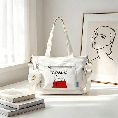 Miniso Juego de 2 piezas de bolso de tela grande de capacidad multiusos con estampado de la caseta roja de Snoopy, incluyendo una monedero desmontable, ideal para el trabajo, viajes, compras y uso diario