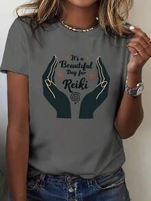 Camiseta de verano premium para mujer con estampado "Hay magia en los buenos días" - Top casual verde de manga corta y cuello redondo, con símbolos geométricos de energía, lavable a máquina, adecuada para primavera y verano, camiseta de mujer con elasticidad media. - Blanco - Ver 7