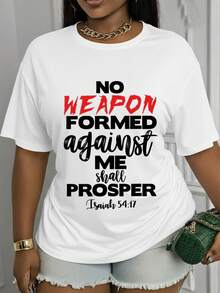 Camiseta de manga corta y cuello redondo estampada con las palabras "Ninguna espada prevalecerá sobre mí" (Isaías 54:17). Este elegante top presenta un diseño casual de cuello redondo, está hecho de un tejido suave y elástico, y es lavable a máquina. Es una prenda que combina el sentido de la moda con la versatilidad. 100% Algodón - Blanco - Ver 7