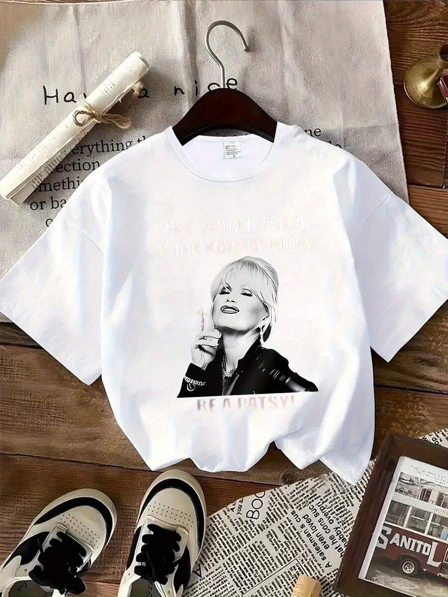 1 Women's Short-Sleeved, Round-Neck T-Shirt, Casual Style, Four-Season Series, Creative, Fresh, With Interesting Star And Kiss Print - 白色 - 查看 1