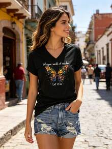 ¡Oferta por tiempo limitado, unidades limitadas,  relámpago! Camisas casuales para mujer, camisetas de poliéster para mujer, camisas elegantes.Camiseta para mujer con estampado de letras y mariposas - Cuello en V, manga corta, top casual para el día a día - Negro - Ver 2