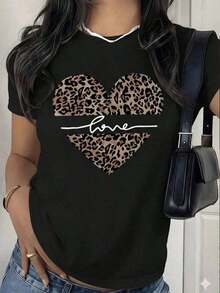 Women's White Short-Sleeve T-Shirt With Leopard Heart, Love Quote And Animal Print T-Shirt, Boho And Modern Style Blouse, Casual Top For Women's Gift Or Everyday Wear, Pretty Blouses, 100% Cotton - 黑色 - 查看 5