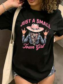 Women's Oversized Black T-Shirt With Graphic Cowgirl Print And Pink Lettering, Casual Short Sleeve Crew Neck Western Style Shirt, Loose Blouse For Everyday Look, Summer And Casual Outfit - 黑色 - 查看 1