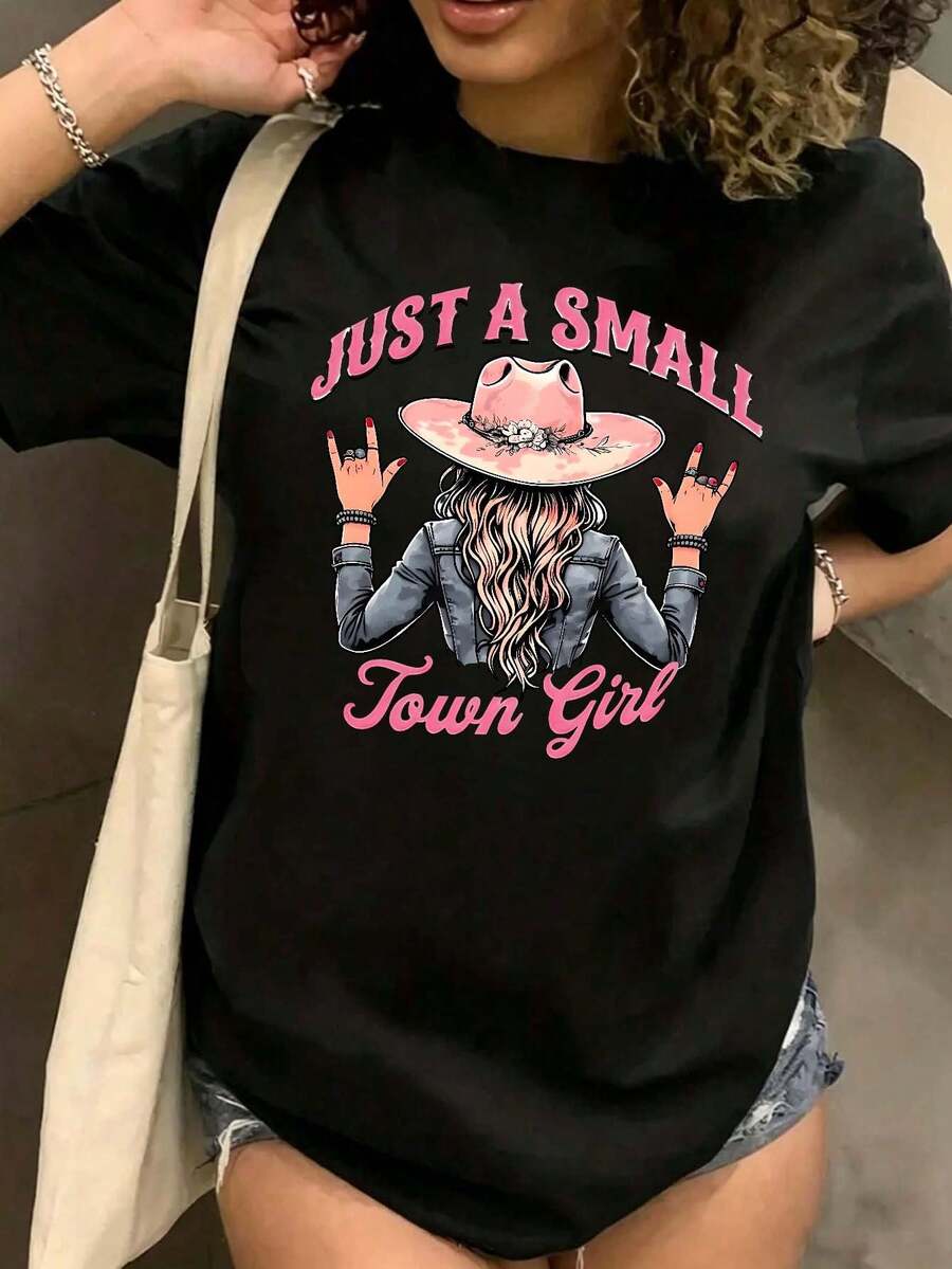 Women's Oversized Black T-Shirt With Graphic Cowgirl Print And Pink Lettering, Casual Short Sleeve Crew Neck Western Style Shirt, Loose Blouse For Everyday Look, Summer And Casual Outfit - 黑色 - 查看 1