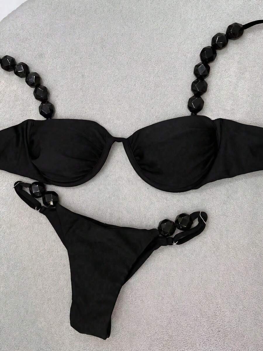 Polovedo Official New Arrival Spring/Summer Sexy Solid Black Bikini Swimwear, Beach Holiday Party Date Vacation - Black - View 1