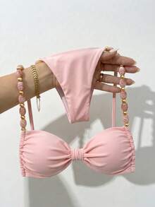 Bikinx Women's Halter Neck Back Tie Bikini Set, Bohemian Style Color-Block Beaded Shoulder Straps, Suitable For Beach Vacation Pink Summer - Pink - View 10