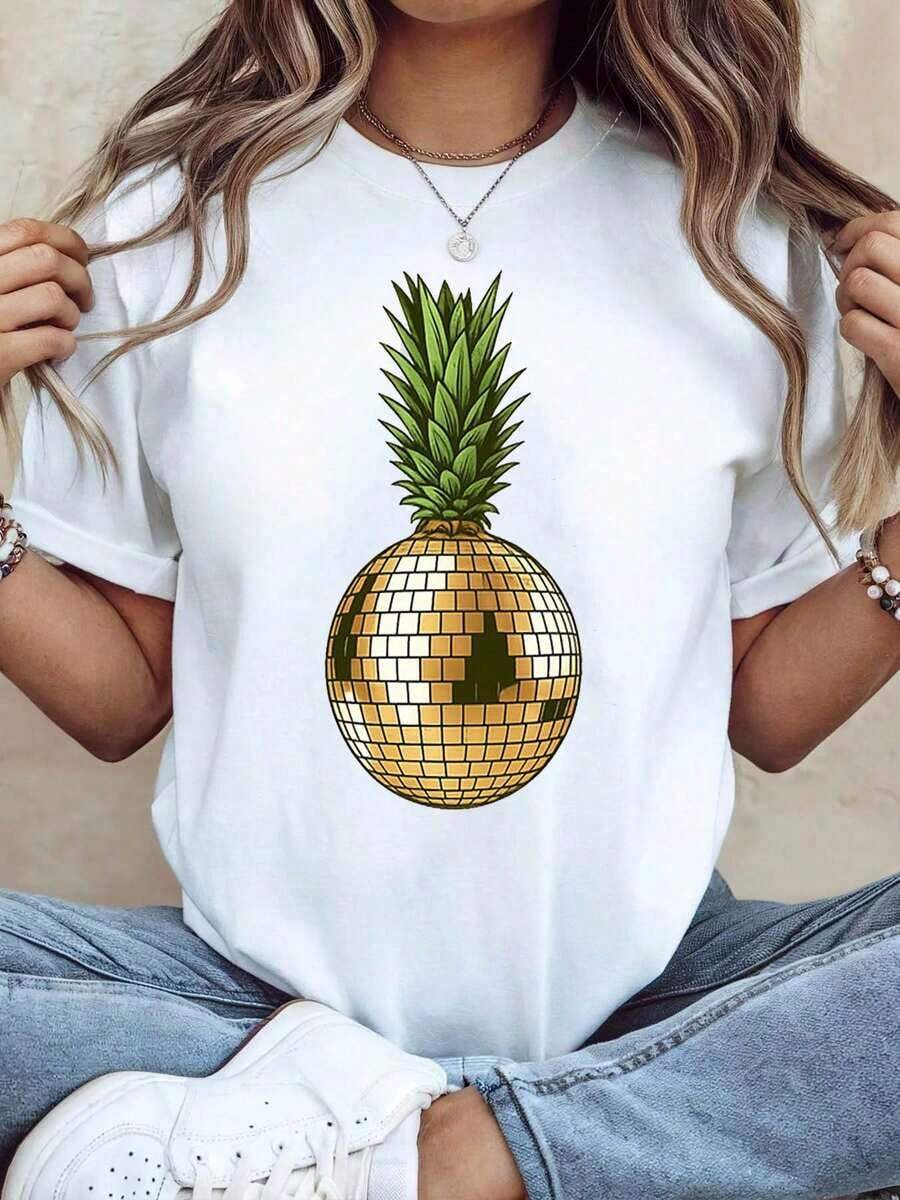 Women's Casual Short-Sleeved Crew Neck Top With A Disco Pineapple Print For Spring And Summer, Perfect For Everyday Wear, Outings, And As A Holiday Gift. Suitable As A Gift. Women's T-Shirt. Blouses > Elegant. Boho Chic. Soft, Breathable, And Comfortable Women's Top, Ideal For Spring, Summer, And Fall, Perfect For Vacations, Travel, And Everyday Wear. - [白色的] - 查看 1
