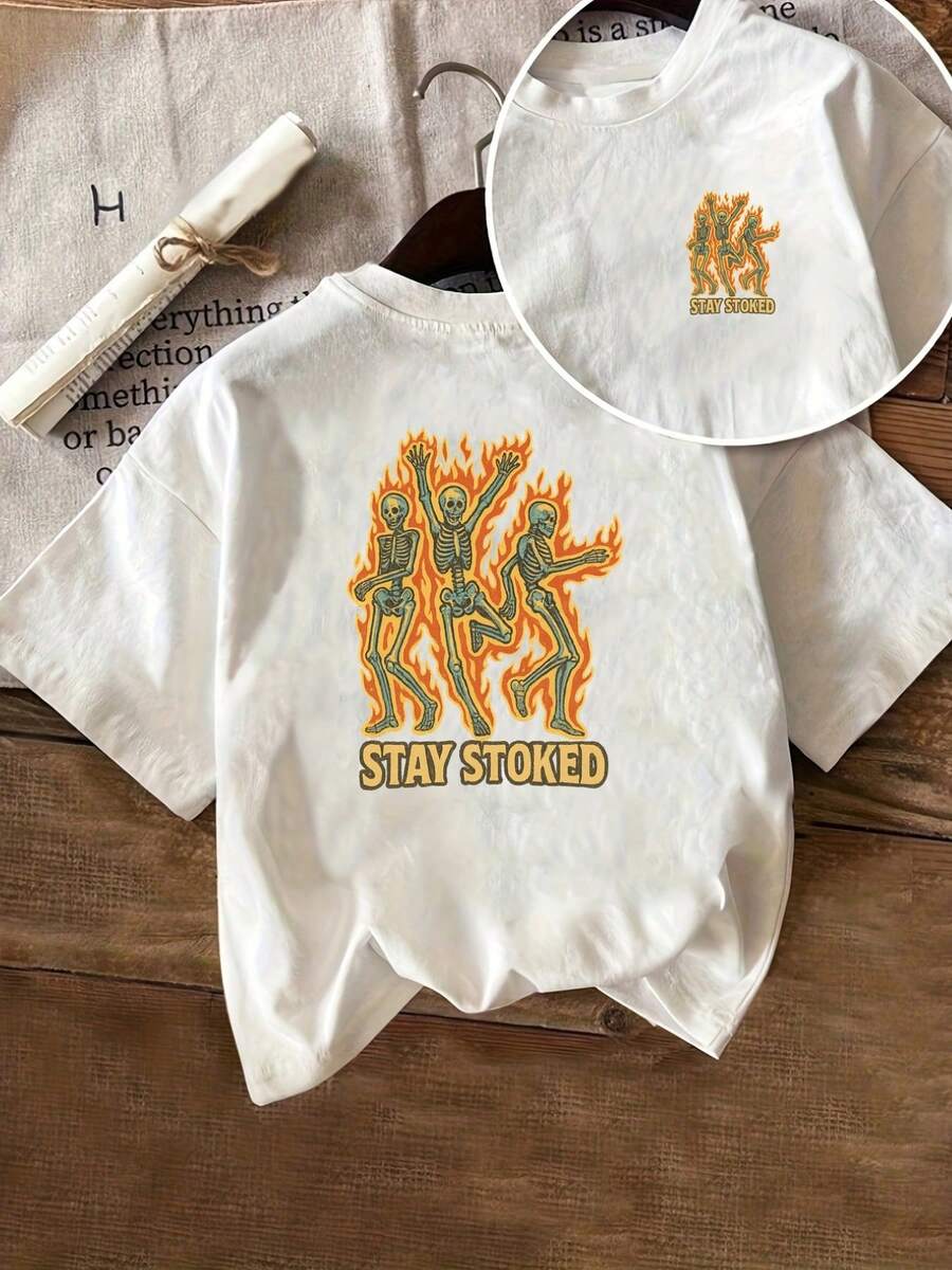 | Exquisite Design | Loose And Comfortable | Easy To Match | T-Shirt With Front And Back Print, Flaming Skull Design, "Stay Passionate" Print, Round Neck, Short Sleeves, Casual Style For Women, Comfortable Fit, Soft-Touch Fabric, Classic Design, A Must-Have Fashion Item For Women. - 白色 - 查看 1