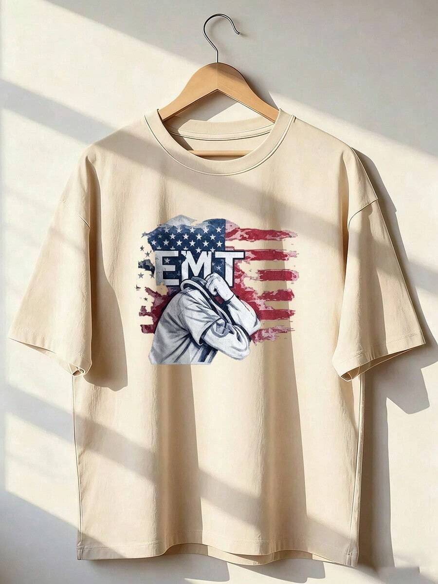Short-Sleeve T-Shirt For EMT And USA Lovers. Short-Sleeve T-Shirt For Spring And Summer 2026, Made In Mexico, 180 Grams. Cartoon Print, Couple Design, Suitable For Indoor Or Outdoor Wear. Crew Neck, Unisex, Ideal For Office And Leisure. One-Pack. - APR-P631577SLNDXZGY614 - 查看 1